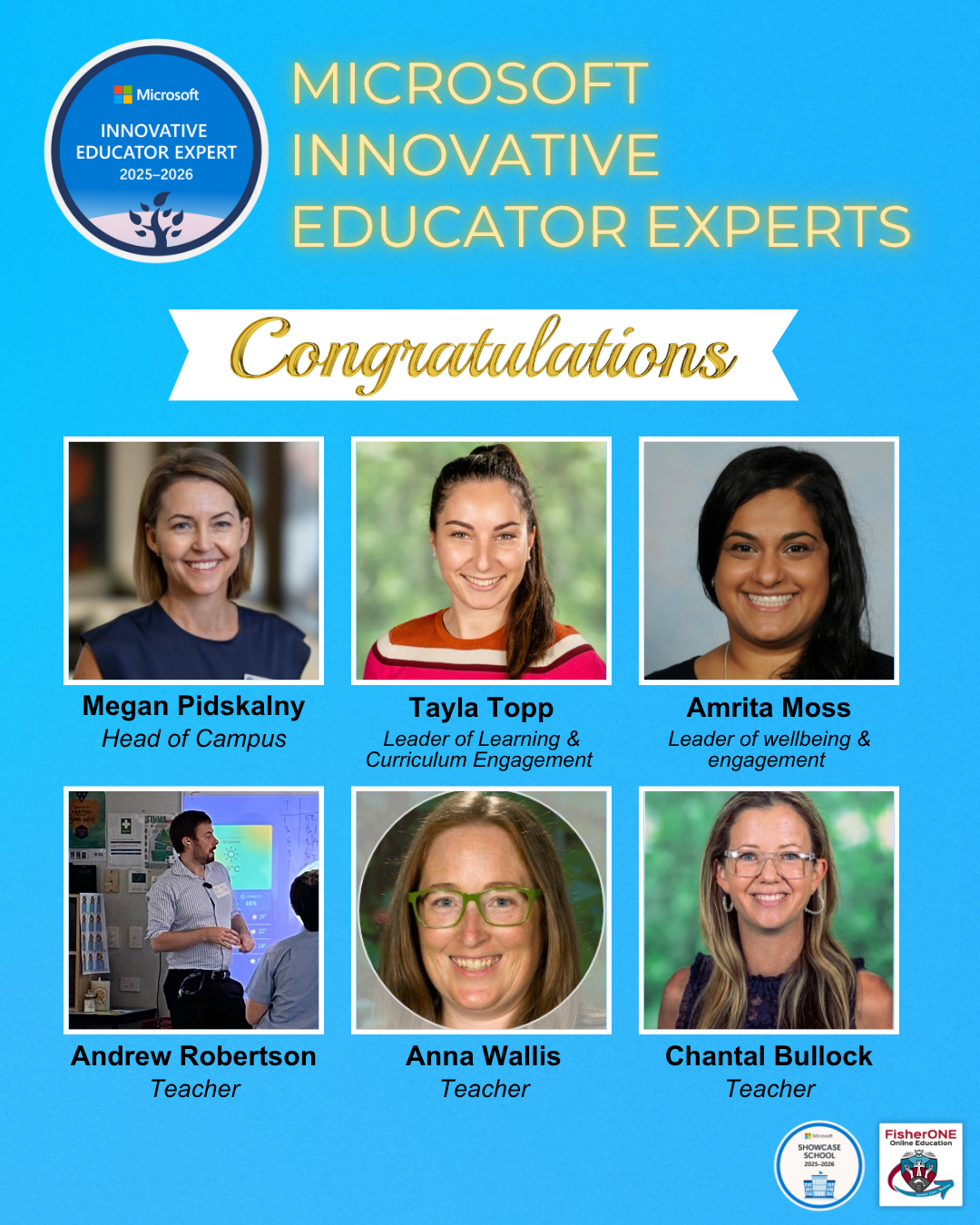 Graphic congratulating staff recognised as Microsoft Innovative Educator Experts for 2025–2026.