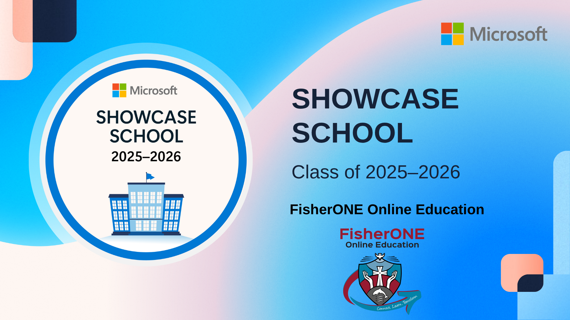 Microsoft Showcase School 2025–2026 graphic for FisherONE Online Education.